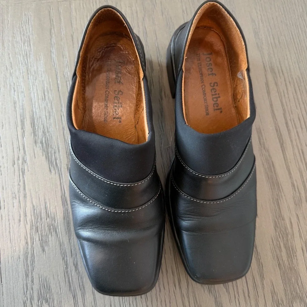 Josef Seibel Black Leather Square‎ Toe Block Heel Comfort Loafers Shoes EU 37